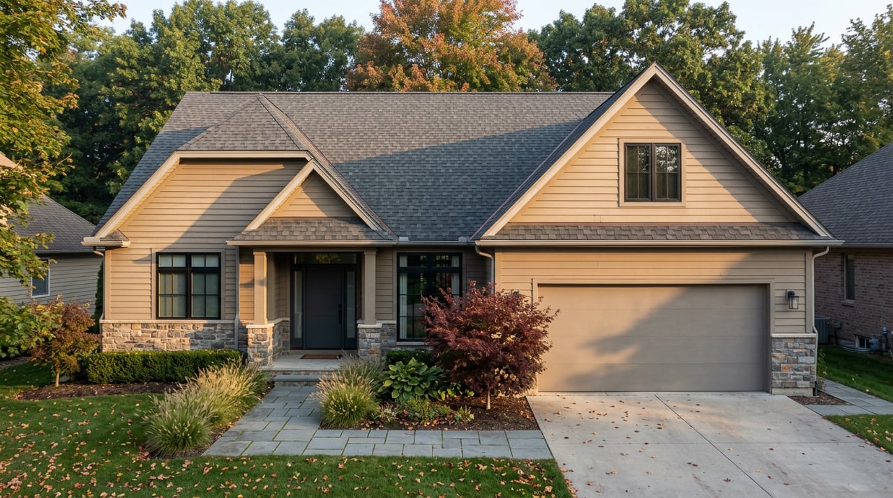 Two-story house with light siding, fieldstone accents, dark windows, and a burgundy Japanese maple beside the front walk.