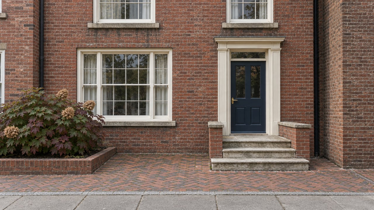 Red-brick townhouse entrance with a navy door, limestone steps, clay-paver forecourt and burgundy oakleaf hydrangea.