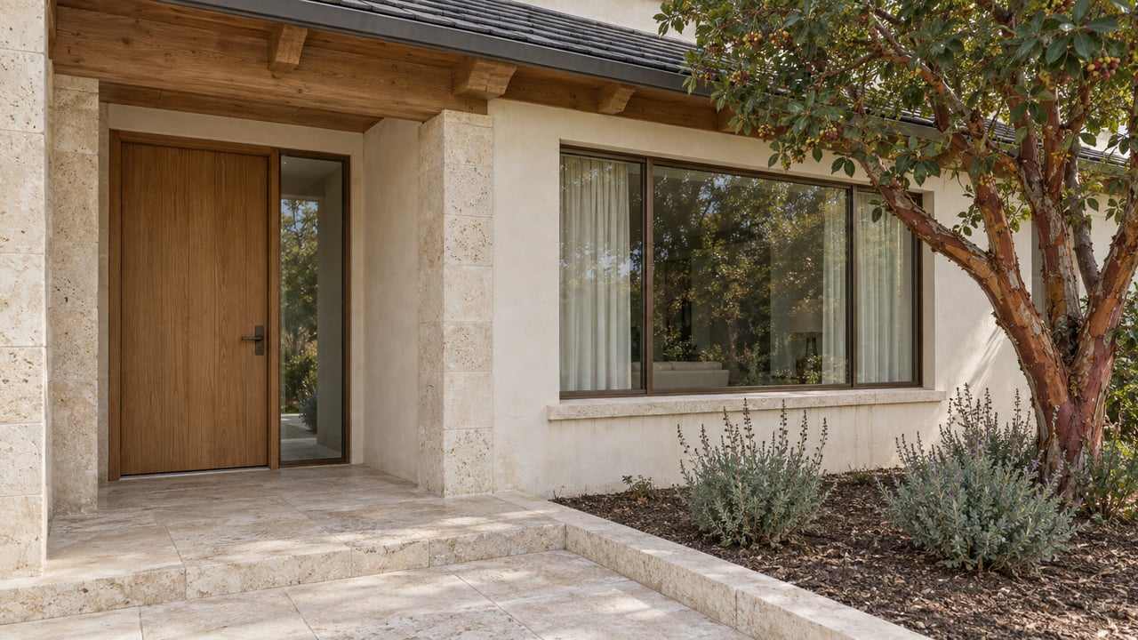 Ivory plaster residence with a recessed oak entrance, limestone paving, bronze-framed glazing, and a mature strawberry tree beside the porch.