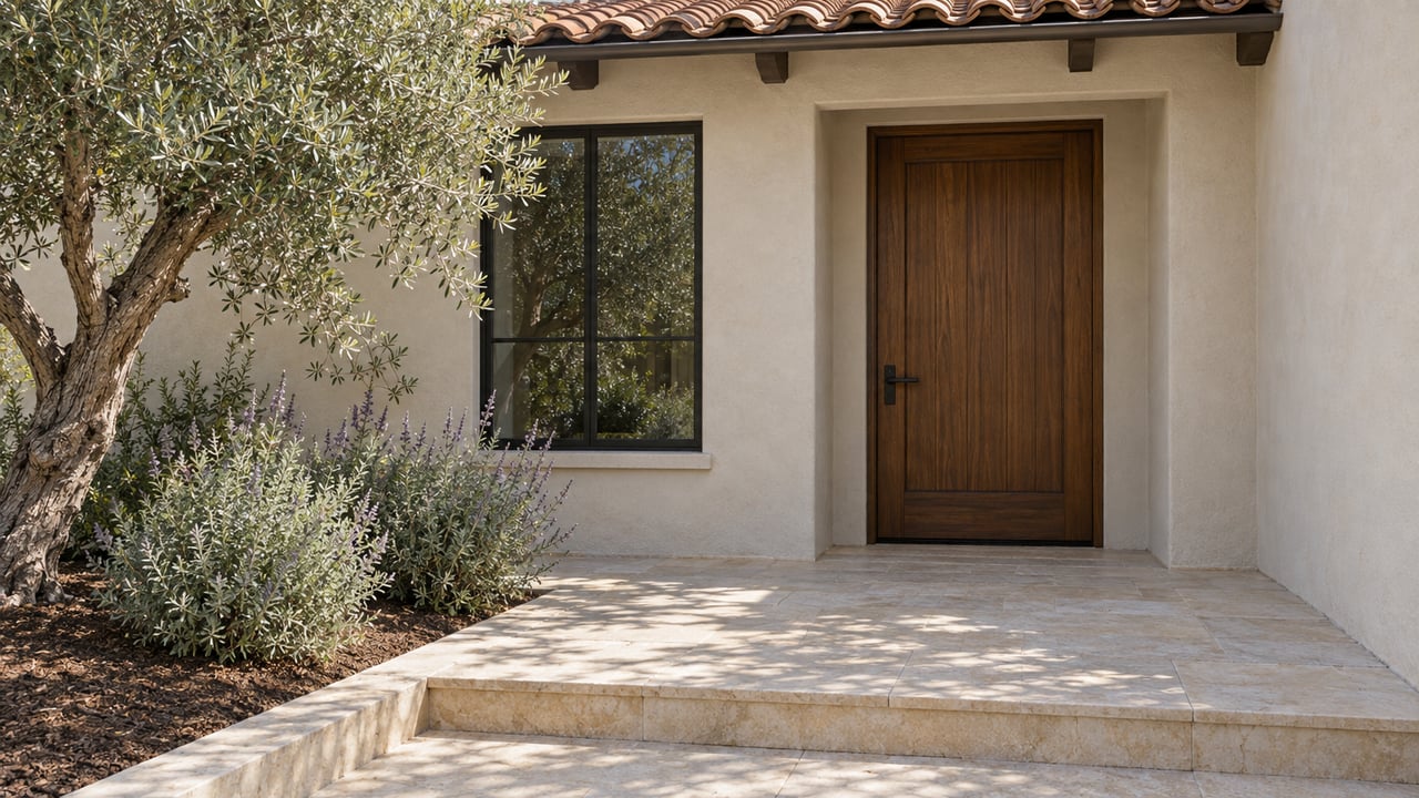 Cream stucco home entry with a walnut door, black-framed window, pale limestone steps and a mature olive tree.