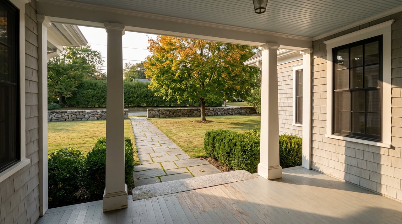 Shaded porch with white columns overlooks a lawn, bluestone path, fieldstone wall, and partly amber maple.