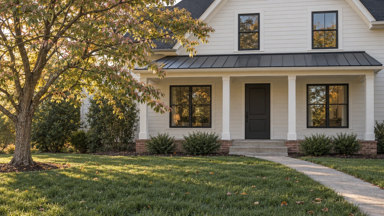 Two-story white house with a charcoal door, brick porch base, and spreading dogwood beside its front lawn.