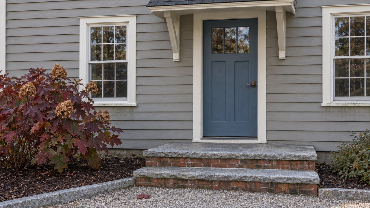Gray clapboard home with a blue front door, multi-pane windows, worn granite steps and burgundy oakleaf hydrangea foliage.