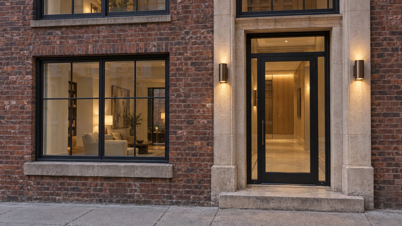 Red-brown brick loft facade with tall steel windows, a glazed residential entrance, and worn limestone entry steps at early evening.