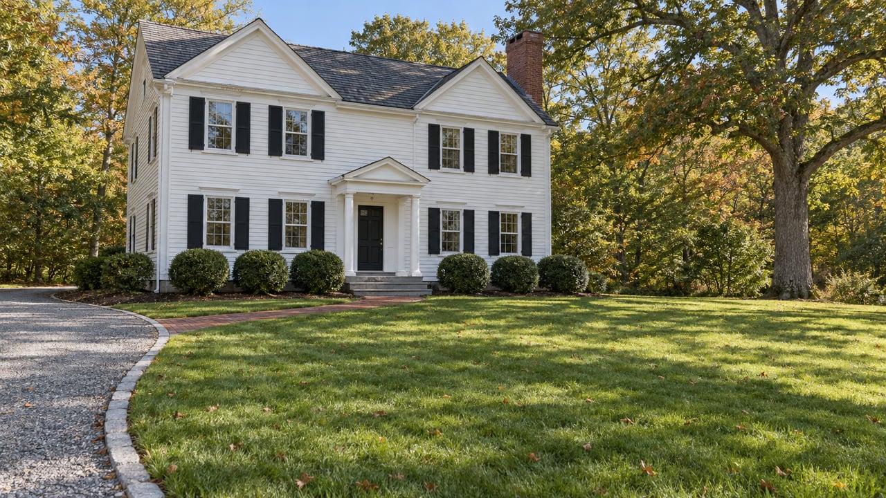 White clapboard home with black shutters, a slate roof and brick chimney beyond a broad lawn, with a mature oak and curved brick approach.