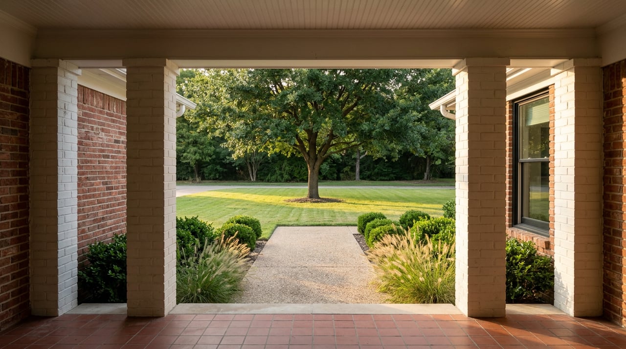 Covered brick porch frames a concrete walkway, clipped shrubs, and a specimen tree in the lawn.