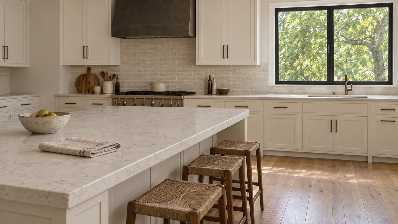 Kitchen island with a veined quartz top, oatmeal dish towel and ceramic bowl, facing a window framed by oak leaves.