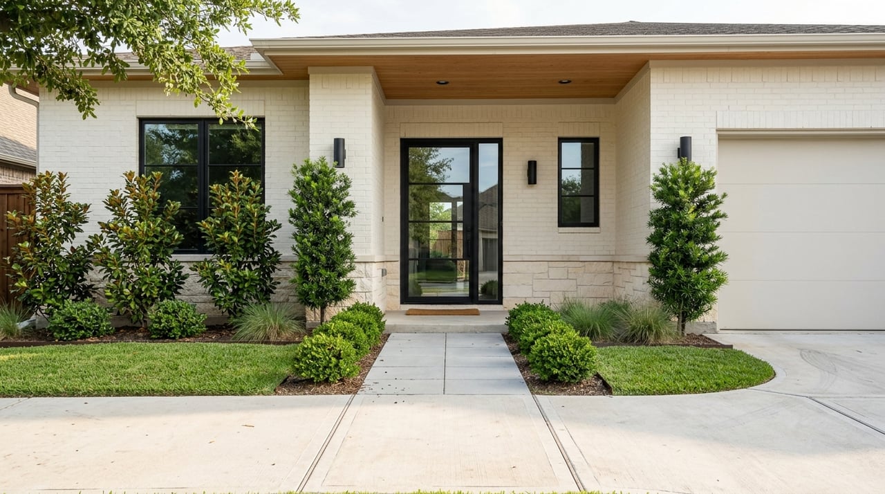 Front approach to a contemporary home with a covered entry and curated planting.