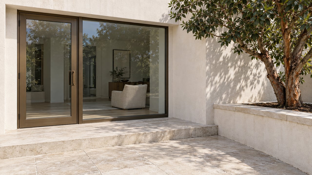 Sunlit stucco and bronze-framed glazing above a pale limestone terrace, beside a raised planter holding a sculptural strawberry tree.