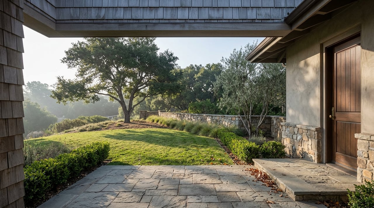 Stone portico overlooking a sloping garden, with a broad oak, olive tree, and low fieldstone wall.