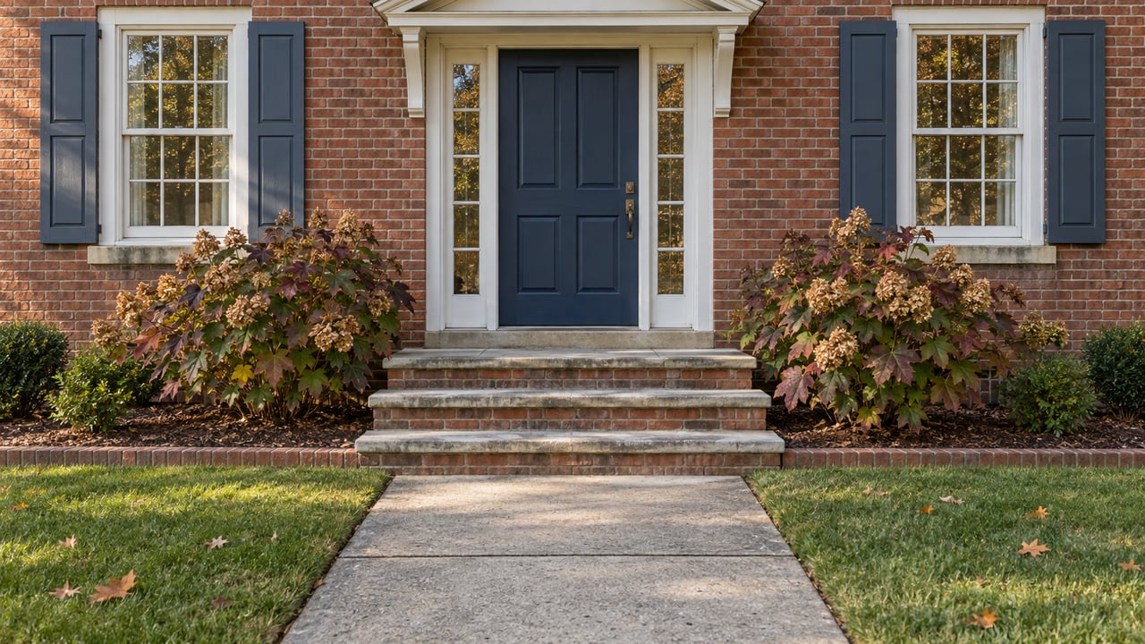 Brick home entry with a blue paneled door, white trim, limestone steps, and autumn oakleaf hydrangeas beside a concrete front walk.