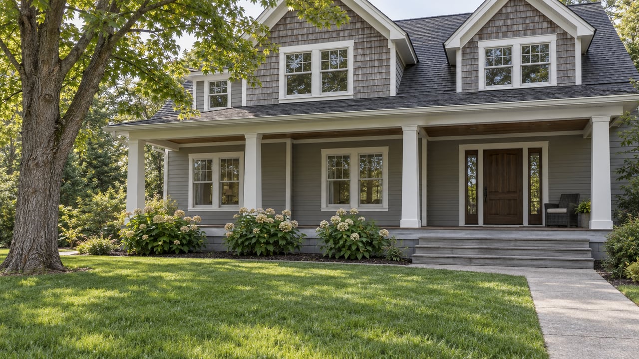 Gray lap-sided and cedar-shingled home with a raised covered porch, deep green lawn and mature sugar maple.