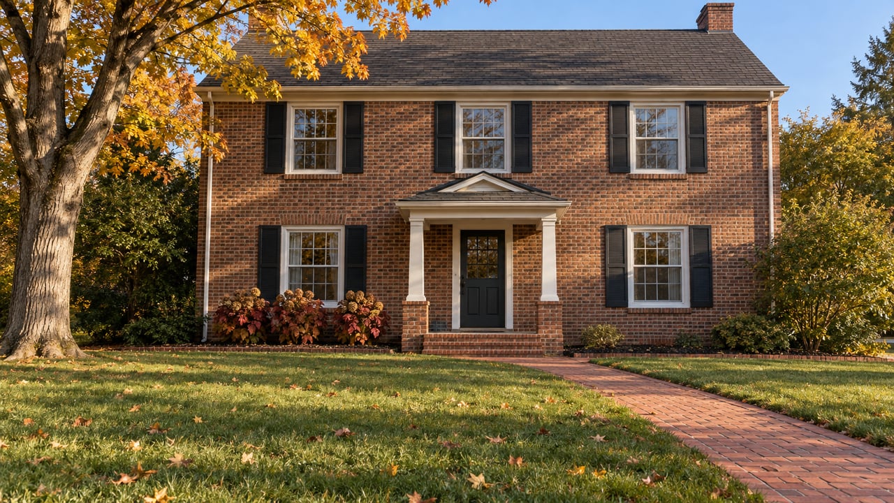 Brick two-story home with paired dark shutters, a small covered entry, a deep green lawn, and a maple turning orange.
