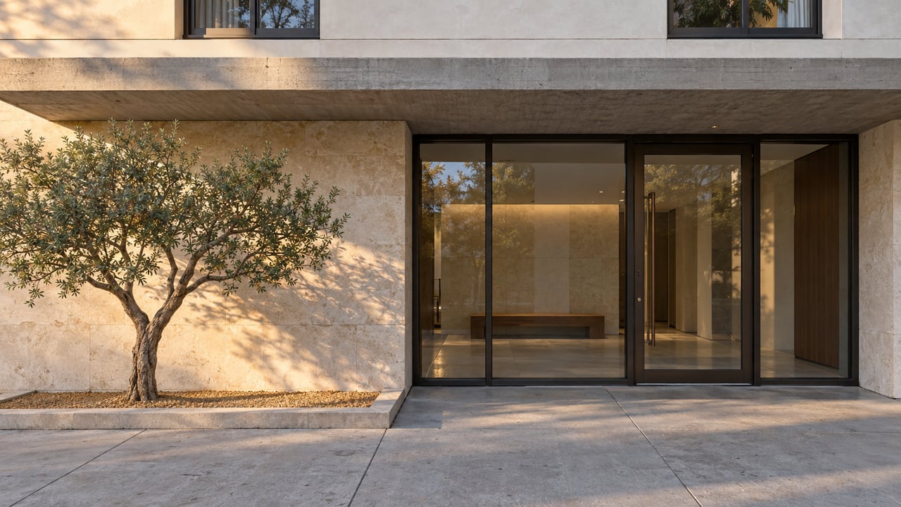 Condominium lobby entrance beside a limestone pier, with a desert tree in a recessed planting bed.