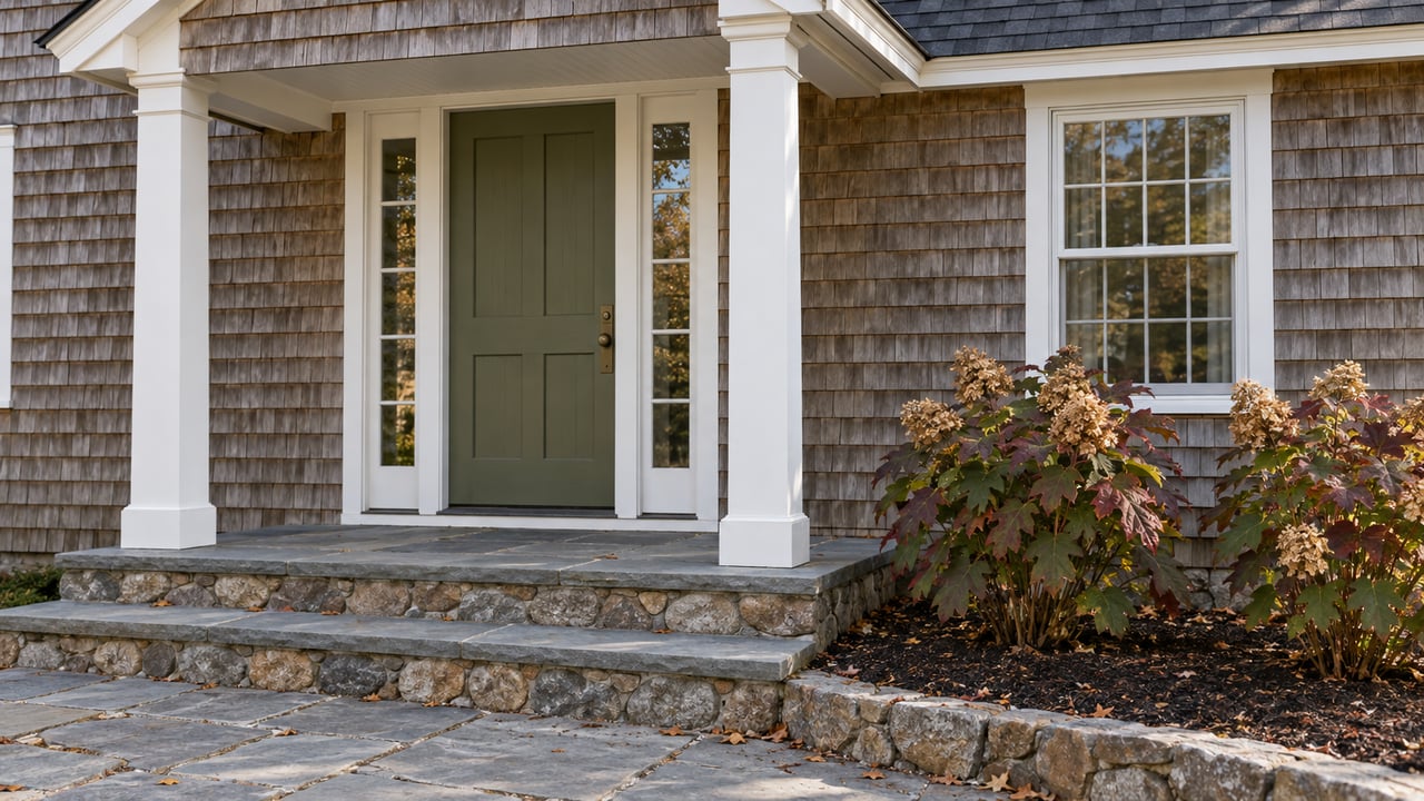 Weathered cedar-shingle home entrance with white porch posts, an olive door, bluestone steps and oakleaf hydrangeas in autumn color.