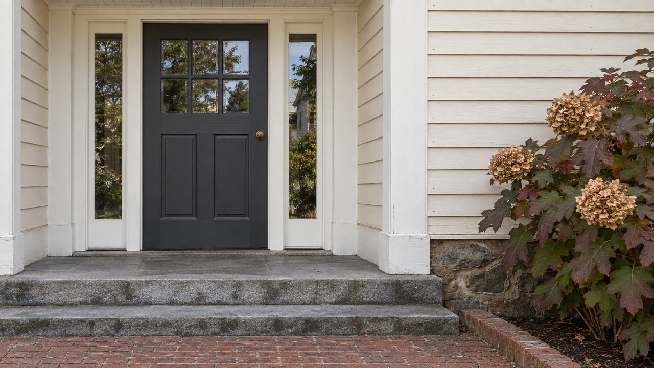 Close view of a charcoal-painted front door with paired glazed sidelights, ivory clapboard, granite entry steps and autumn oakleaf hydrangea.