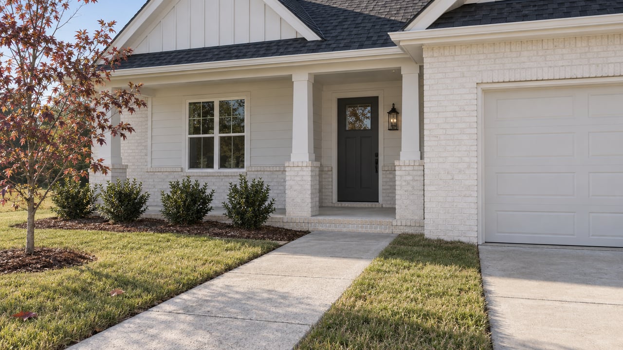 White brick and siding home with a covered entry, concrete walk, autumn dogwood and neatly edged planting beds.
