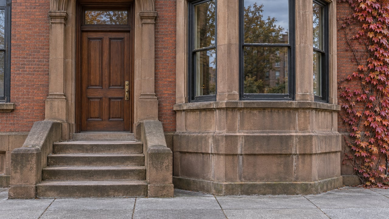 Weathered red-brick residence with a brown sandstone stoop, walnut door, projecting bay windows, and burgundy autumn ivy.
