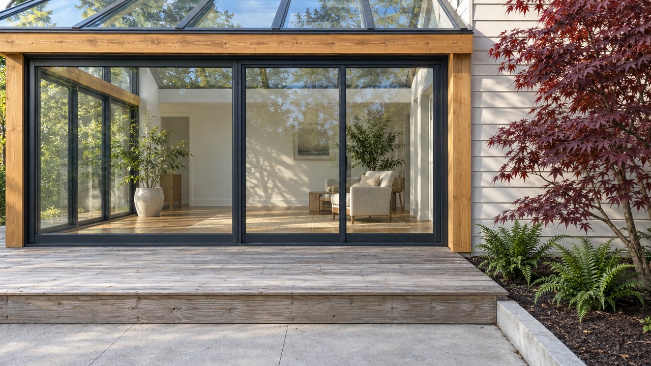 Closed glass sunroom doors beneath timber roof beams, overlooking a weathered cedar deck and a small planted garden.