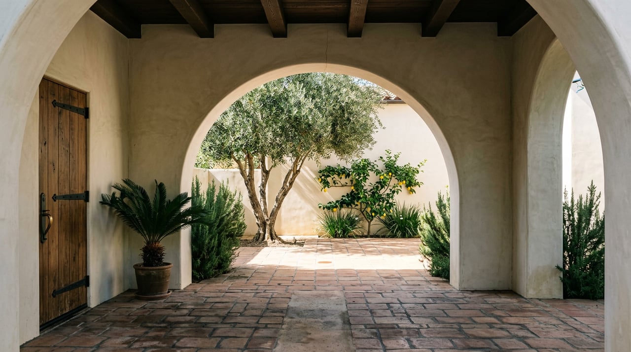 Stucco loggia archway opening onto a terracotta courtyard with an olive tree, espaliered citrus, and walnut door.