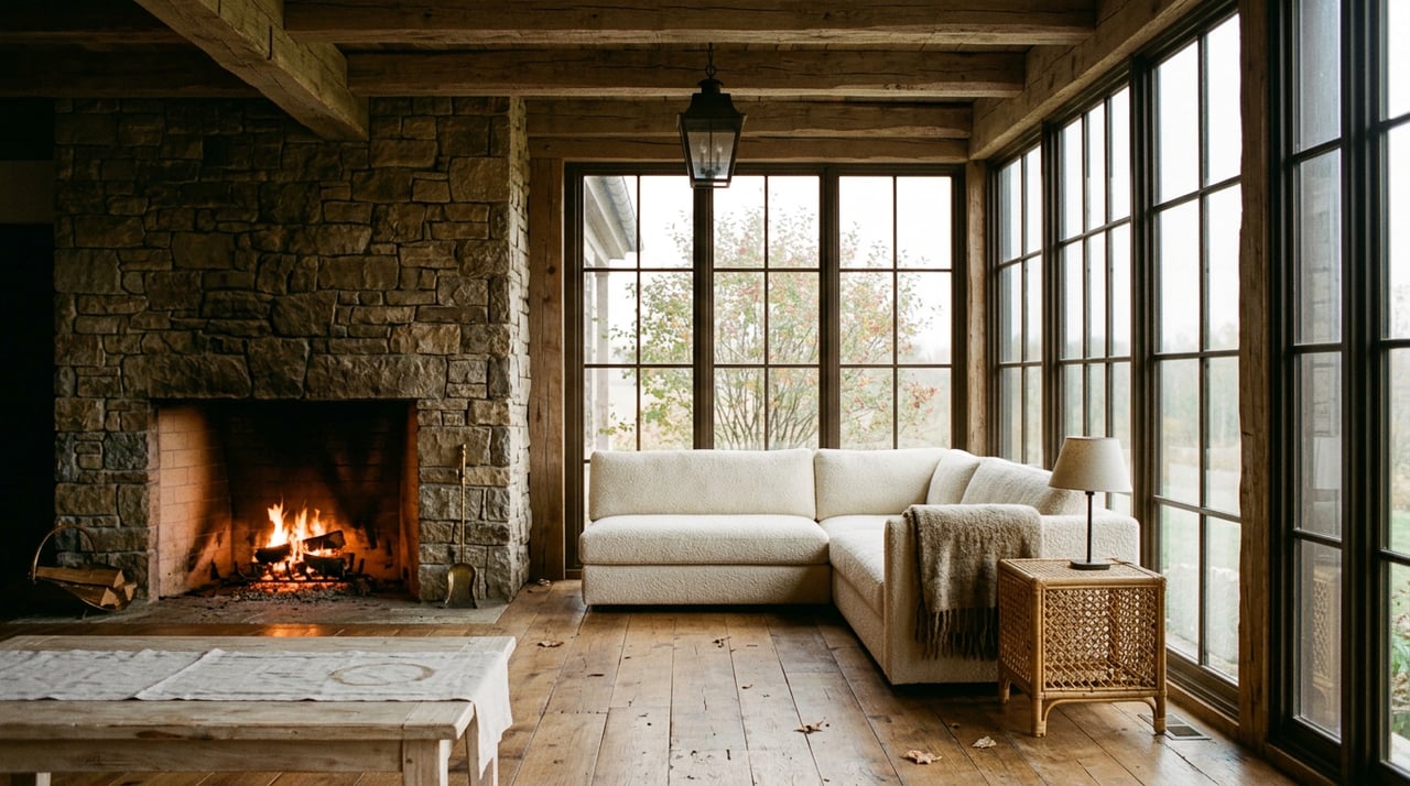 Lodge living room with a glowing stone fireplace, cream sectional, and fall-colored shrub beyond dark-mullioned windows.