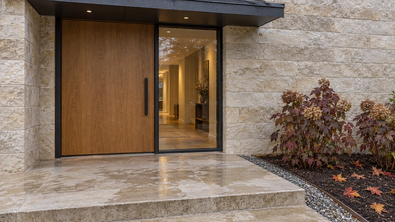 Rain-darkened limestone entry with an oak door, black-framed sidelight and burgundy oakleaf hydrangeas.