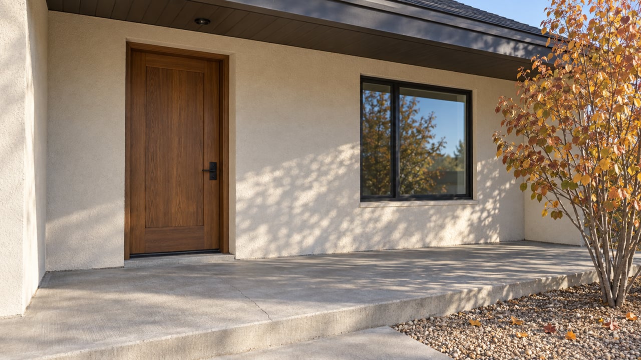 Morning light warms a pale stucco home's wooden front door, concrete porch and copper-leaved serviceberry.