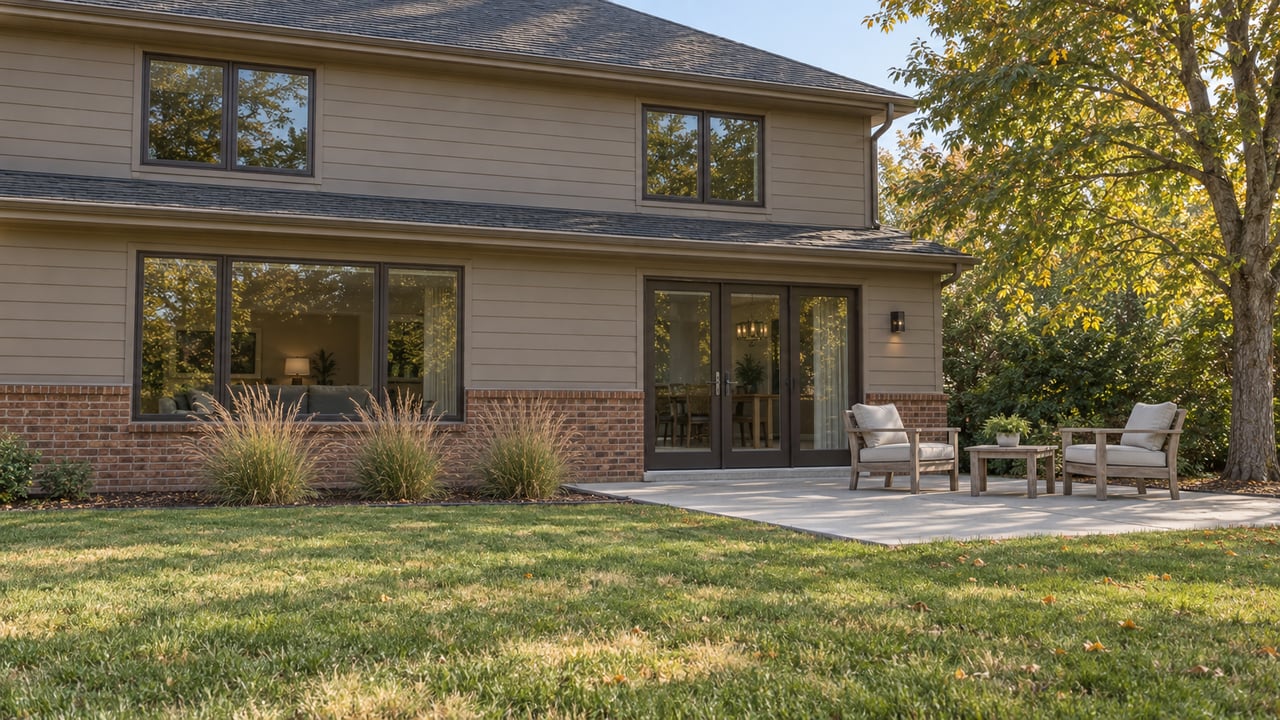 Taupe-sided suburban home with brick accents, a concrete rear patio, teak chairs, and a broad lawn beneath a mature honey locust.