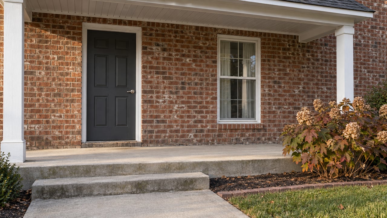 Brick home entry with a charcoal door, white porch supports, concrete steps and an oakleaf hydrangea in autumn color.