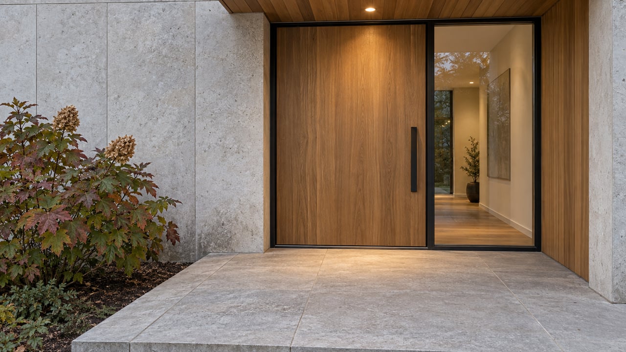 An oak front door and black-framed sidelight beneath a sheltered soffit, with a limestone landing and autumn oakleaf hydrangea.