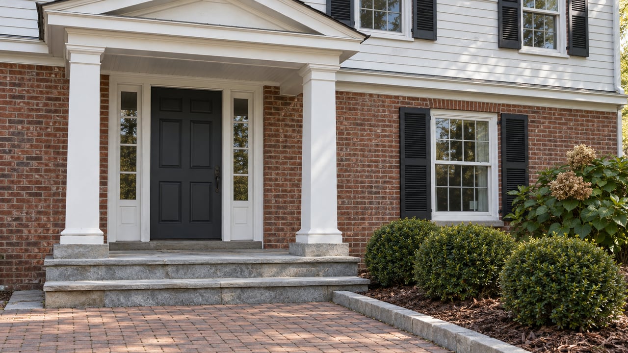 Traditional brick and white clapboard home with a columned entry, gray stone steps and carefully spaced shrubs.