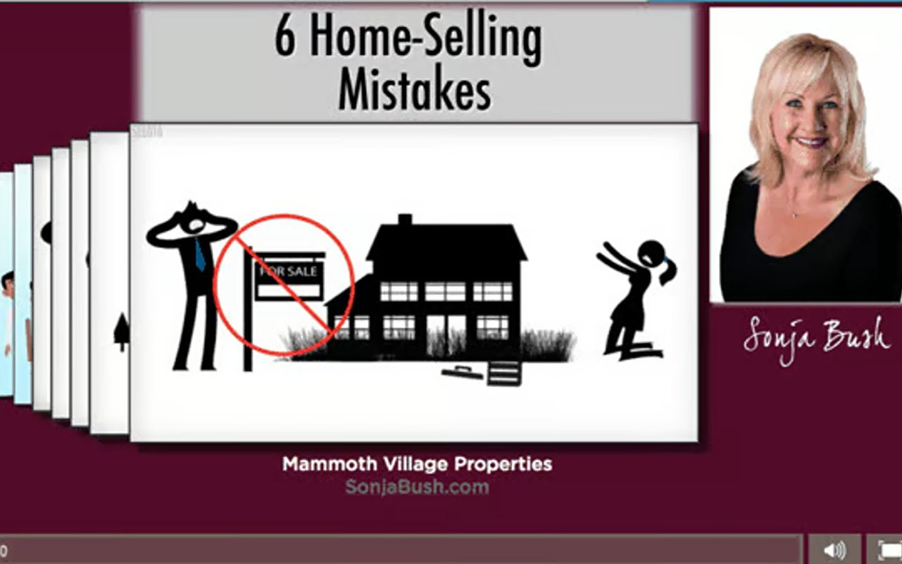 Graphic titled “6 Home-Selling Mistakes,” with a crossed-out for-sale sign, house, and Sonja Bush portrait.