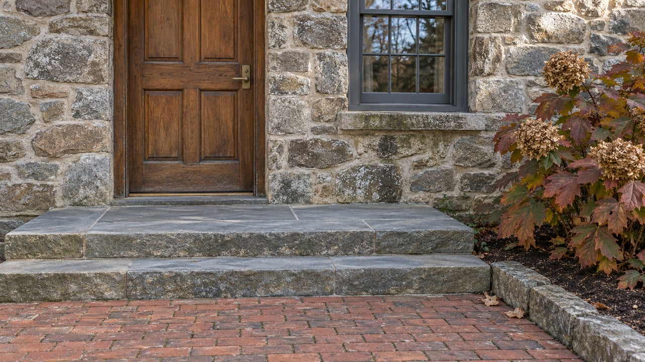 Weathered oak entry door and sash window in a fieldstone farmhouse wall above flagstone steps, with russet oakleaf hydrangea beside a brick approach.