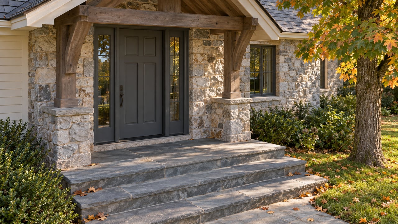 Charcoal front door with glazed sidelights set in pale fieldstone above broad bluestone steps