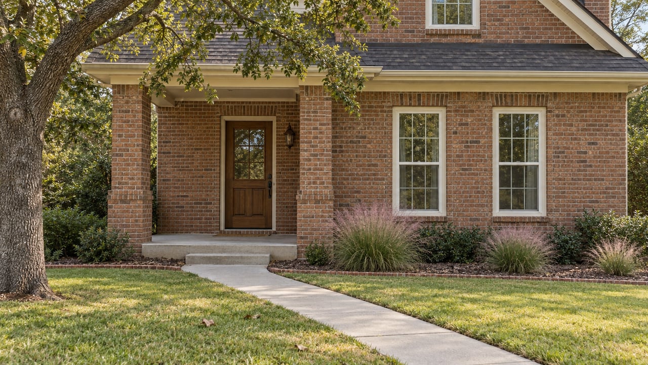 A reddish-brown brick home with a recessed oak entry, broad front lawn, mature oak, and faded pink ornamental grasses.