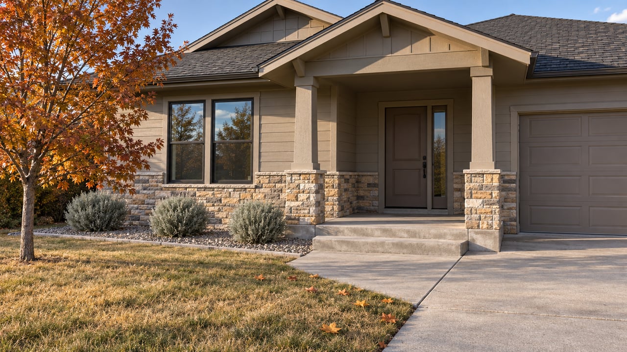 Autumn afternoon light across a gray-sided single-story home with a stone porch base, concrete front walk, and amber-leaved maple.