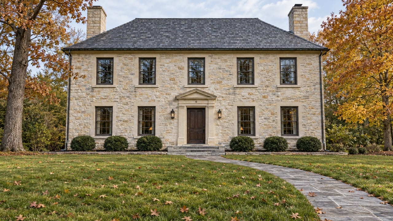 A symmetrical pale limestone home beyond a broad autumn lawn, framed by mature oak and maple trees.