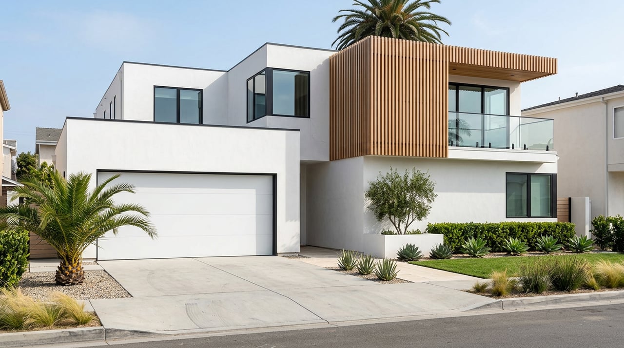 White coastal-contemporary home with black-framed windows, cedar balcony slats, and drought-tolerant landscaping.