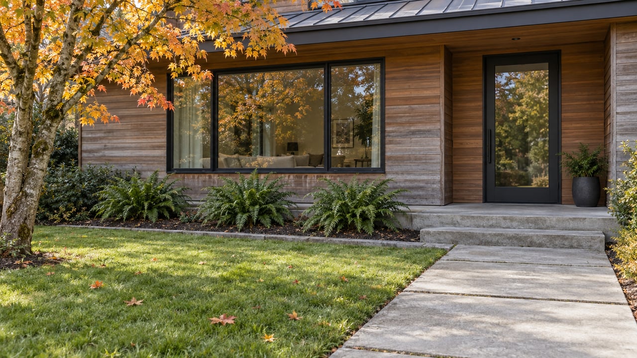 Cedar-clad home with a glazed black-framed entry, concrete approach, autumn vine maple and sword ferns beside a deep front lawn.