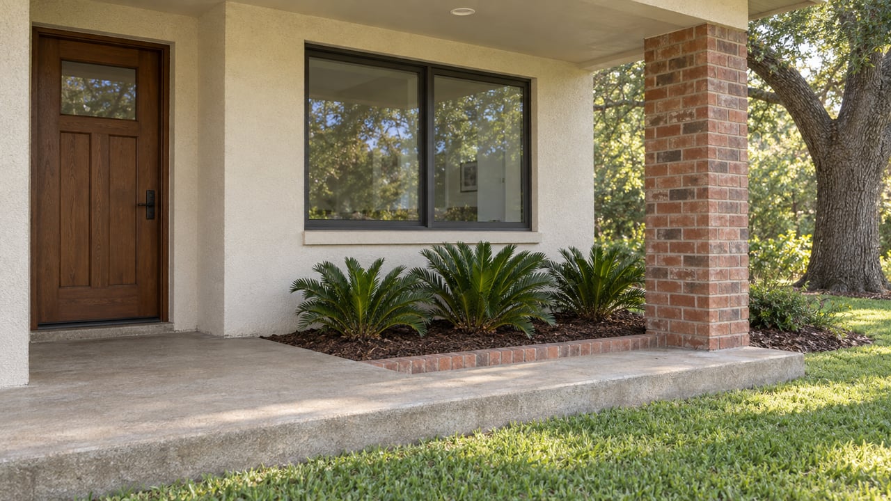 Covered entry of a cream single-story home with a wood door, brick porch pier, coontie planting and a mature live oak beside the lawn.