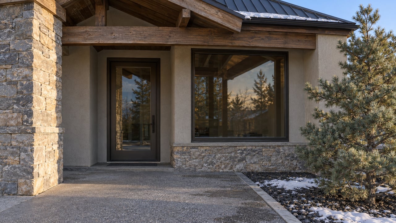 Winter sunlight on a stone and stucco home entrance with timber porch beams, a closed glass door and one pine beside a lightly snow-covered planting bed.