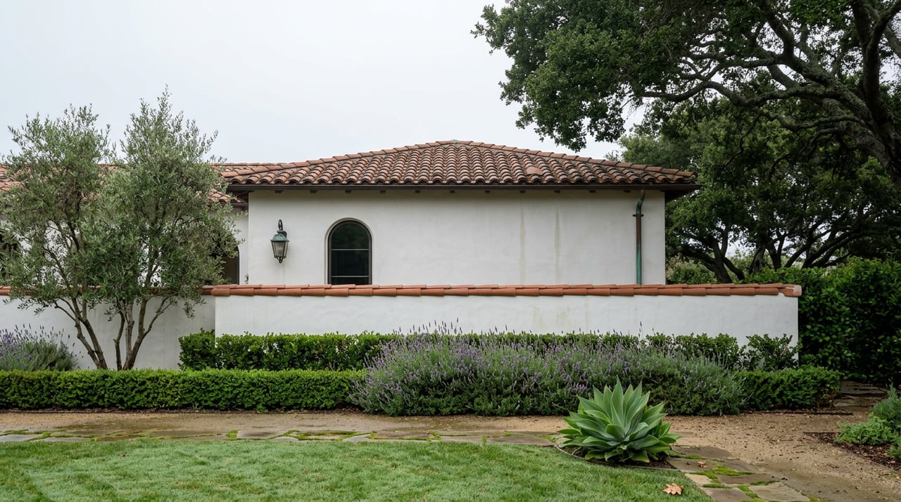 Coastal stucco home with an arched window and terra-cotta roof behind a garden wall, lawn, and gravel path.