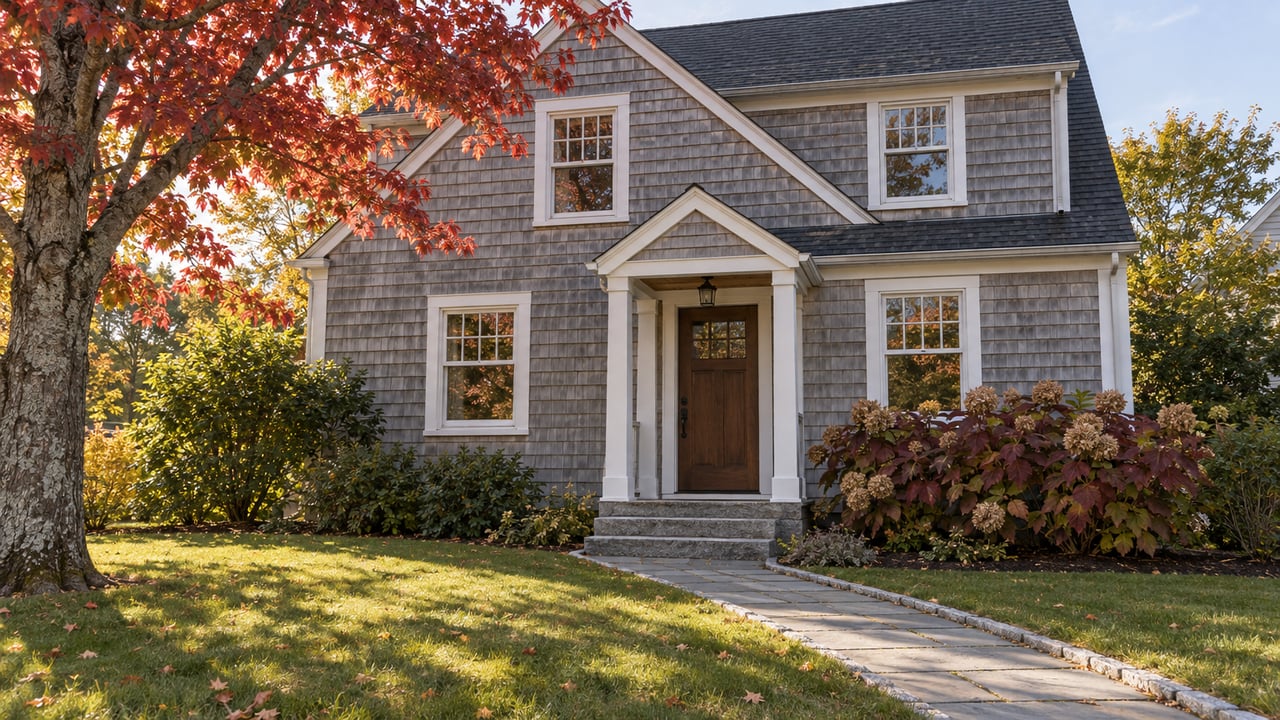 Gray cedar-shingled home with white-trimmed windows, a granite and bluestone approach, and red autumn maple foliage.