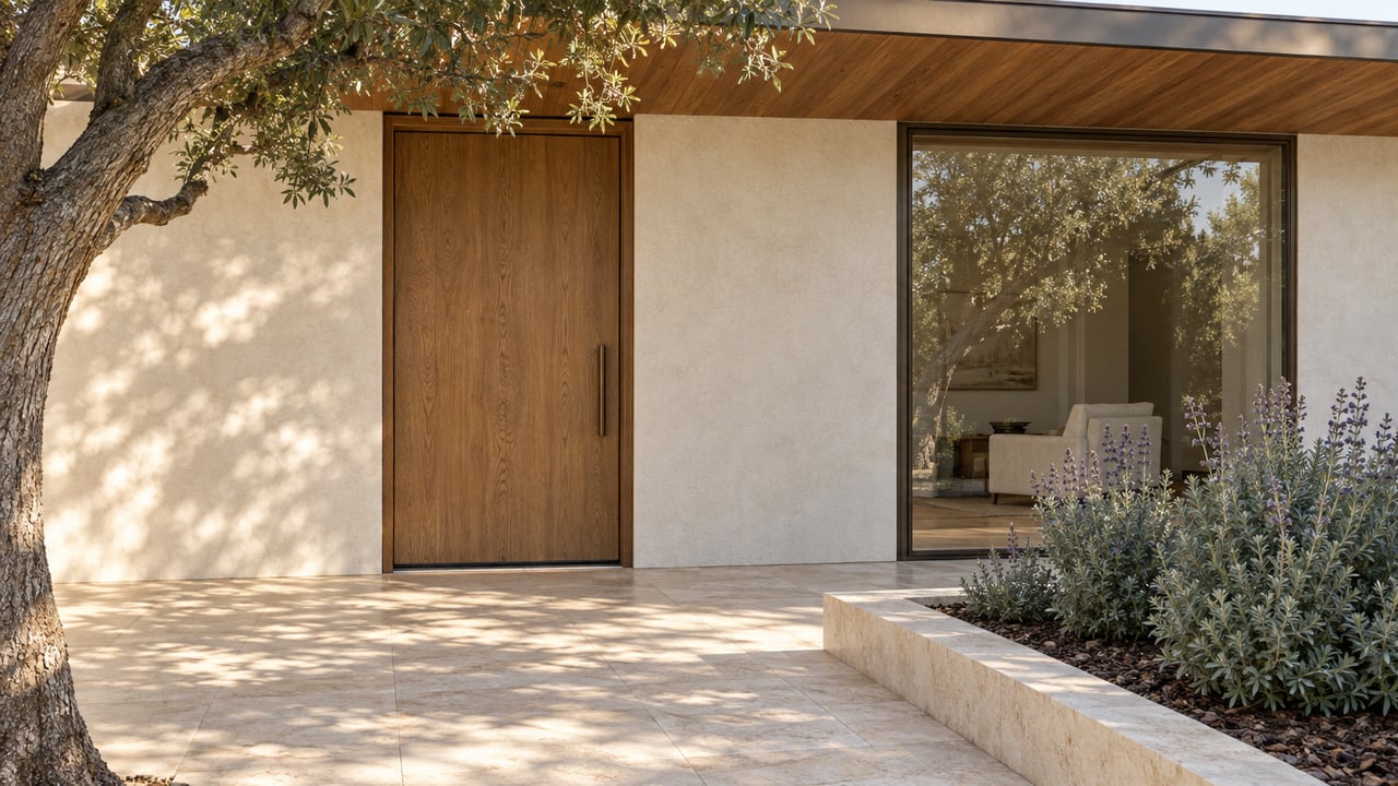 Morning light on an oak entry door beneath a cedar overhang, beside bronze-framed glass and a limestone planter with gray-green sage.
