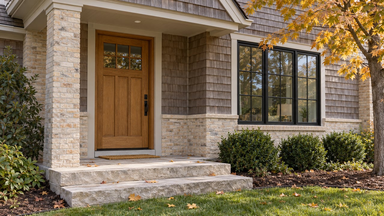 Suburban house entry with an oak door, buff brick, limestone steps, and amber maple leaves.