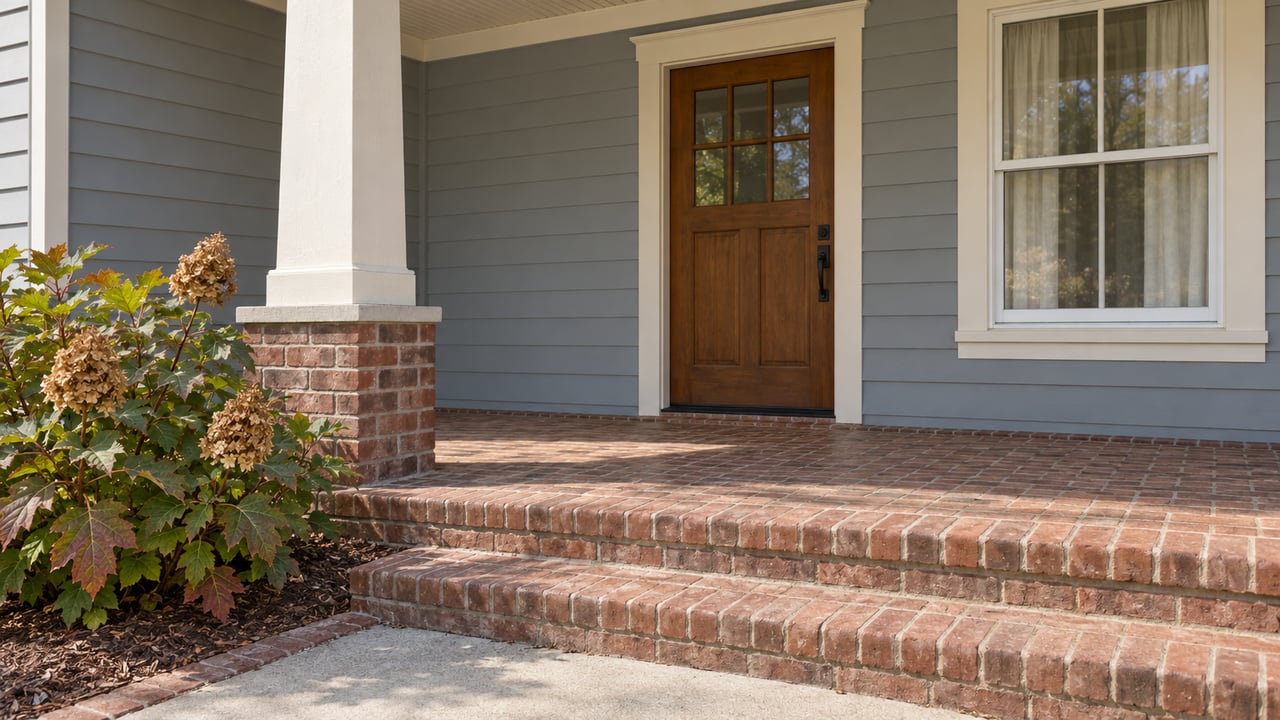 Close view of a covered front entry with a brown glazed door, cream column, gray-blue siding and weathered brick steps beside an oakleaf hydrangea.