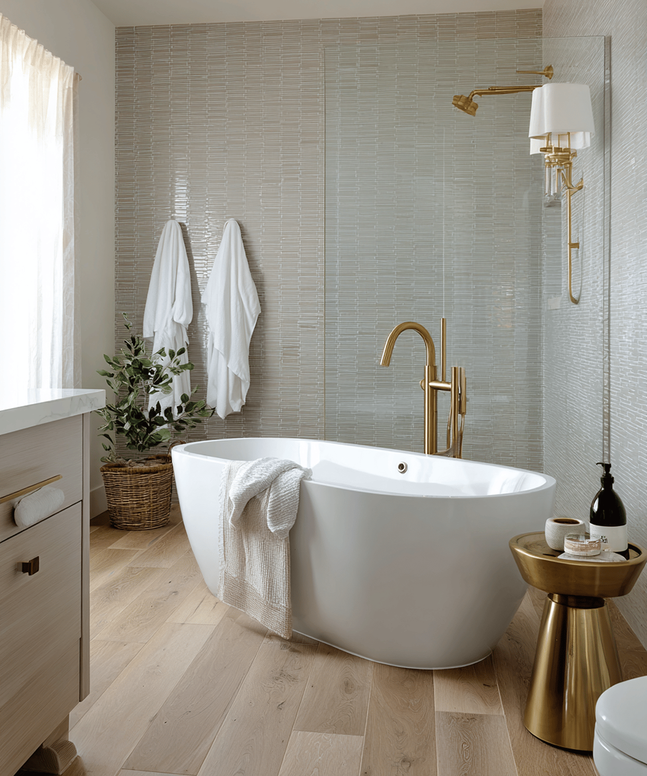 Staged bathroom with a freestanding tub, glass shower, textured tile, and brass fixtures.