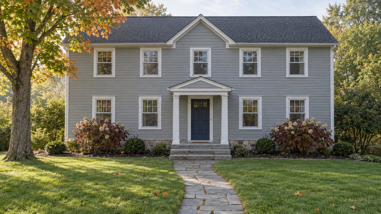 Gray clapboard home with white-trimmed windows, a covered blue entry, bluestone walk, and a deep autumn lawn beside a mature maple.
