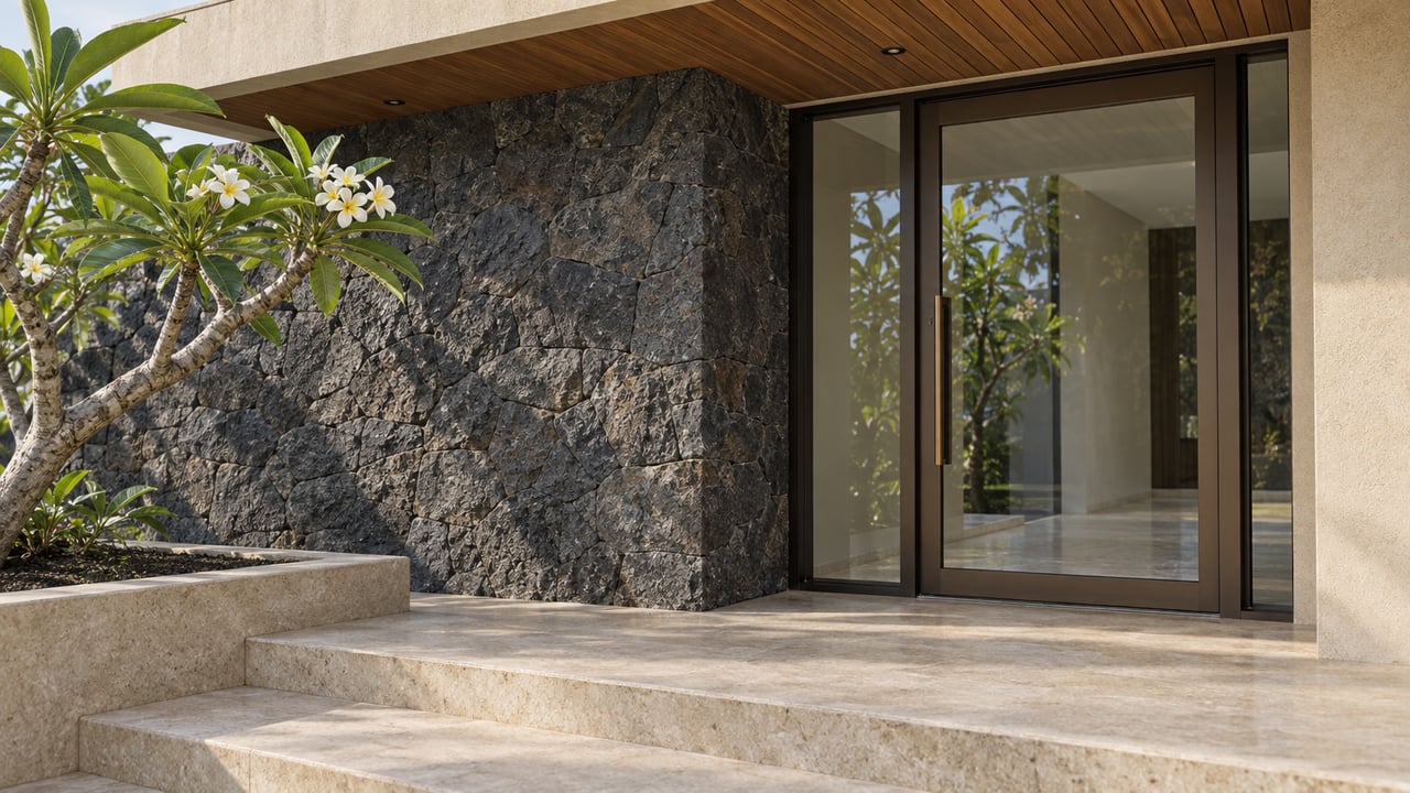 Low-angle close view of a tropical home's bronze-framed glass entrance, volcanic-stone pier, teak soffit and broad stone steps beside a plumeria tree.