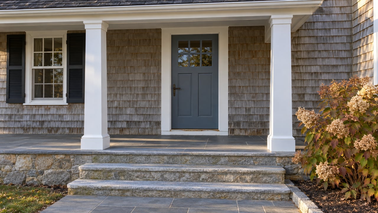 Weathered cedar-shingle home entry with white porch columns, a blue-gray door, granite steps, and autumn oakleaf hydrangea.
